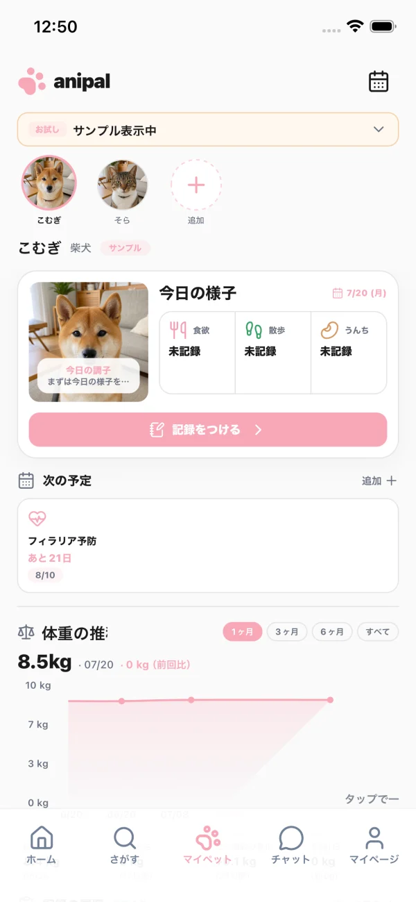 マイペットの今日のコンディションと次回予定を確認できる概要画面